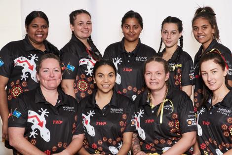 Potrait of Djookana netball team: Oshayla, Naomi, Chelsea, Kirra, Chelsea, Reo, Sacorae, Danielle and Jessica 